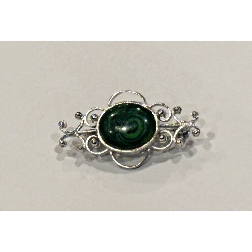 NF STERLING SILVER 925 FILIGREE GREEN ABLAONE SHELL 1.25" BAR PIN BROOCH EUC